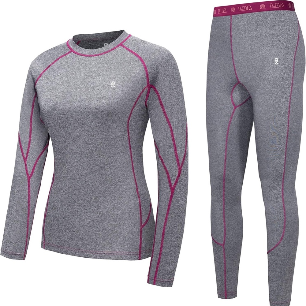 Little Donkey Andy Women’s Thermal Underwear Moisture Wicking Set - Grey /Pink